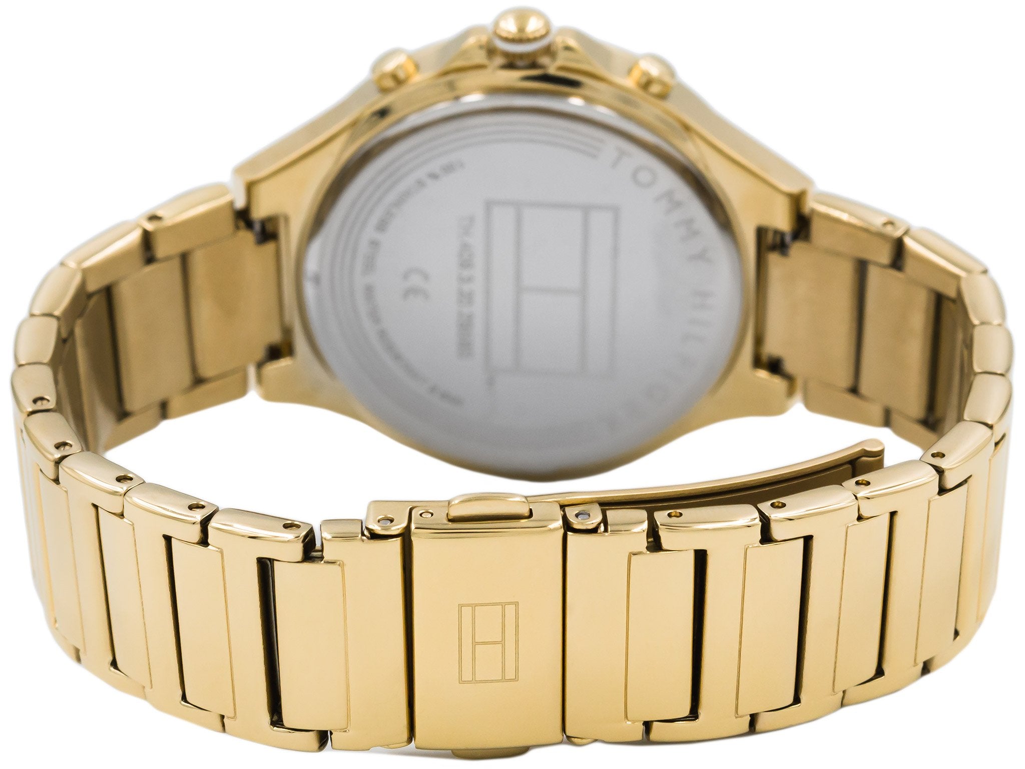 Back view of Tommy Hilfiger Eve women's watch showing gold-tone case and solid caseback