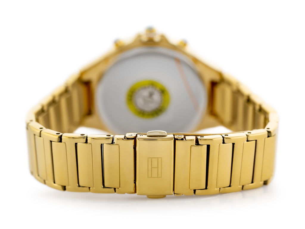 Tommy Hilfiger Eve watch caseback detail with yellow accent circle visible on reverse side