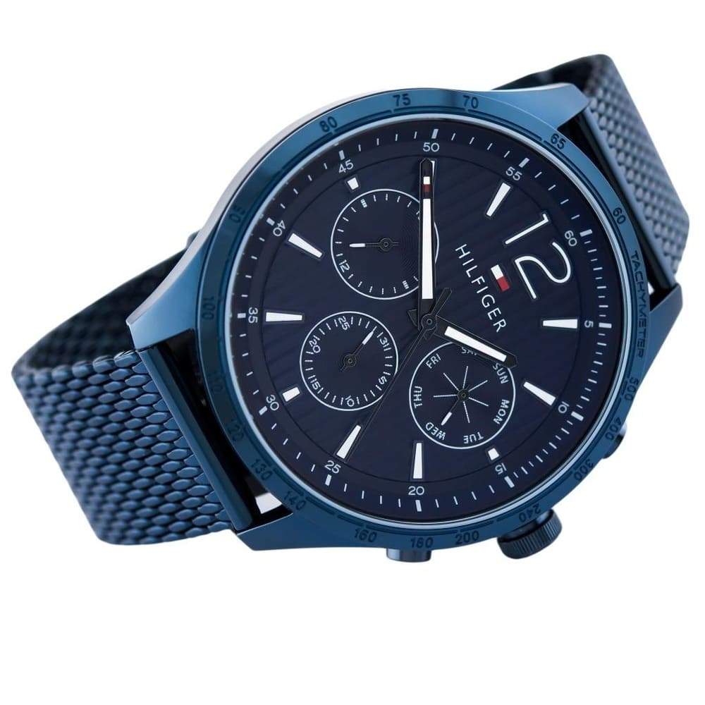 Angled view of Tommy Hilfiger Gavin blue chronograph watch with mesh band