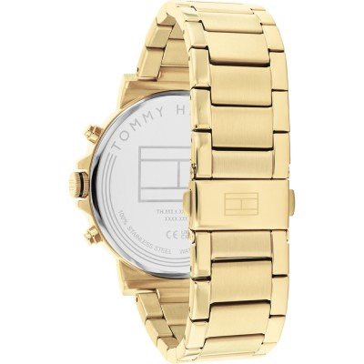 Tommy Hilfiger gold watch case back and side view of link bracelet