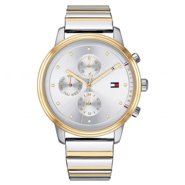 Tommy Hilfiger gold and silver two-tone chronograph women's watch with white dial and metal strap