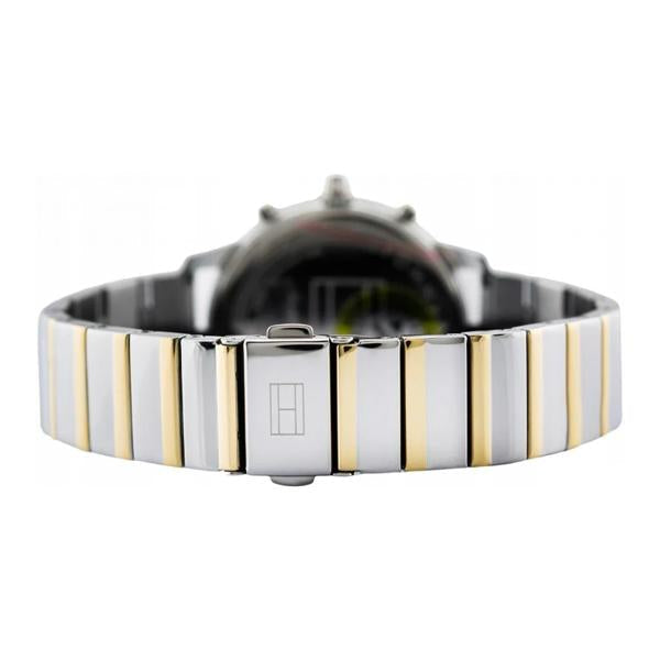 Two-tone metal bracelet strap with gold and silver alternating links and fold-over clasp