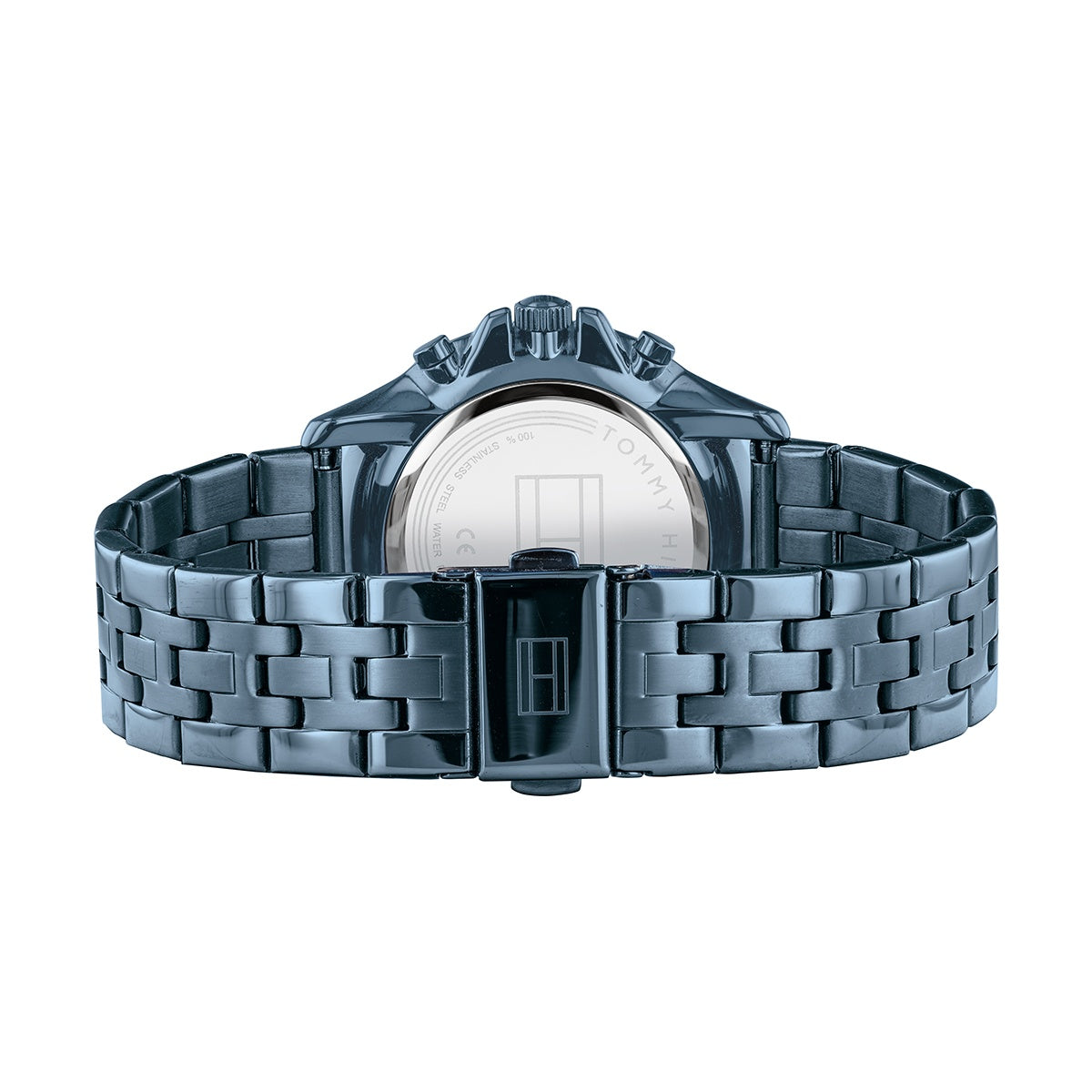 View of Tommy Hilfiger Harper watch caseback and steel bracelet clasp