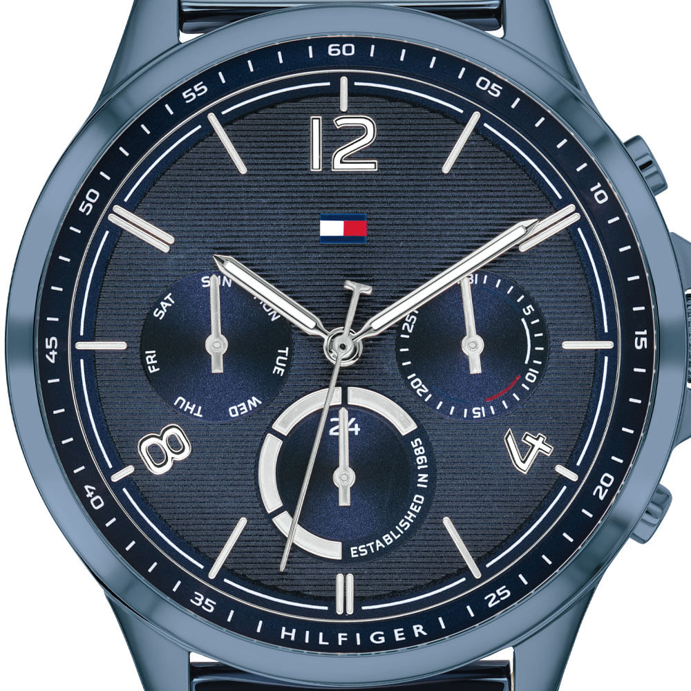 Close-up of dial showing Tommy Hilfiger Harper chronograph subdials and blue face with steel hands