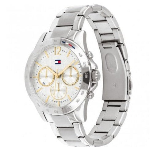 Tommy Hilfiger Haven 1782194 women's watch shown from angled side view with steel bracelet