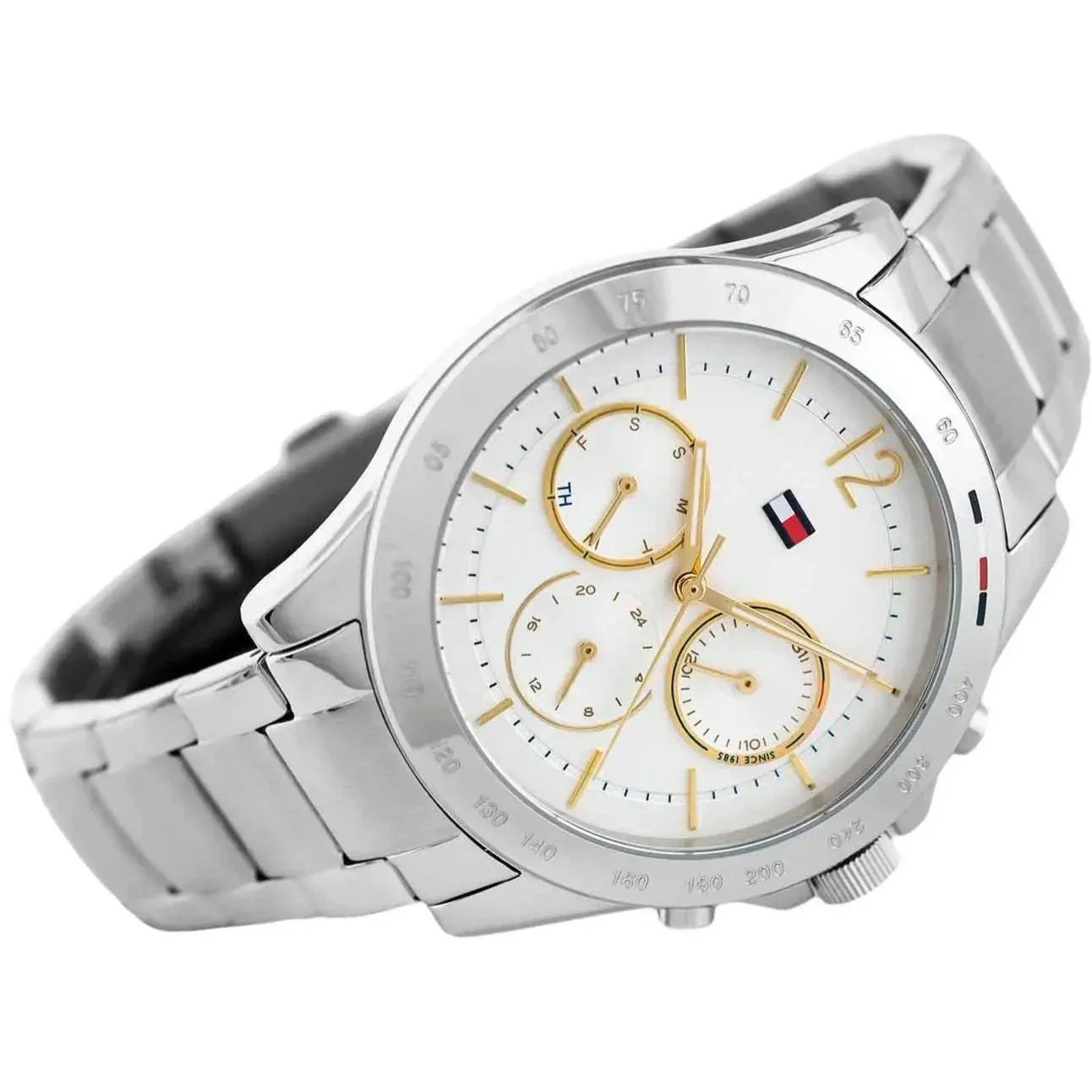 Tommy Hilfiger Haven 1782194 women's chronograph watch at angle displaying silver case and white dial