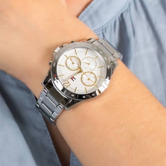 Tommy Hilfiger Haven 1782194 women's watch on wrist showing silver chronograph watch with white dial