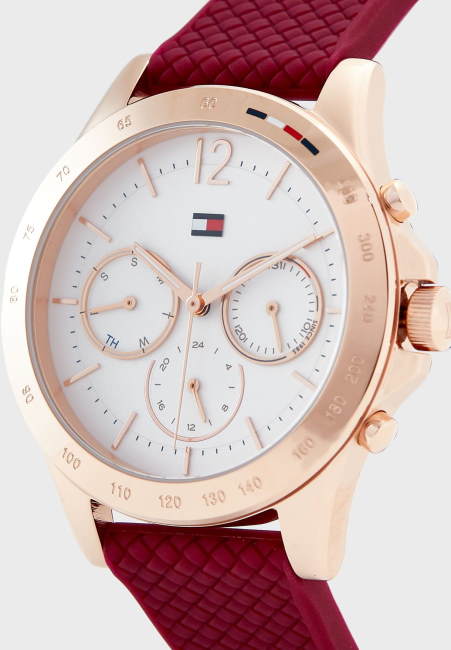 Angled view of HAVEN women's chronograph watch displaying white dial and rose gold case detail