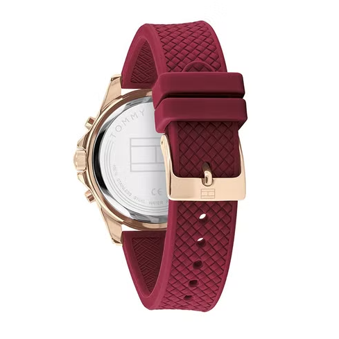 HAVEN watch transparent caseback with burgundy quilted strap and rose gold buckle