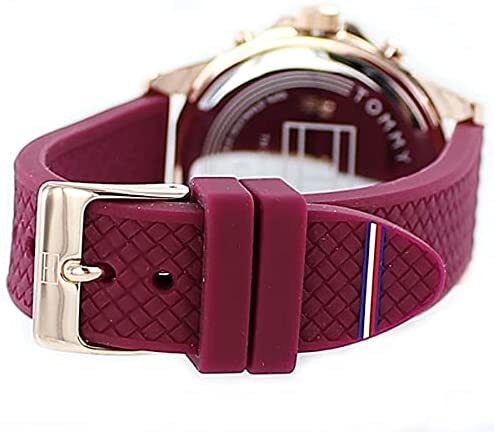 HAVEN women's watch caseback showing burgundy strap with logo buckle detail