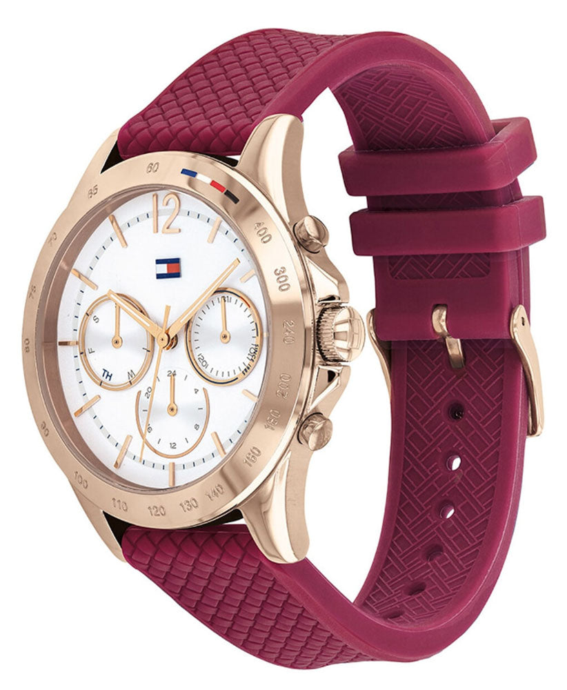 Side profile of HAVEN women's chronograph watch with burgundy quilted rubber strap