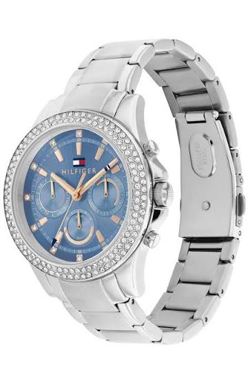 Tommy Hilfiger Haven watch angled view showing blue dial with chronograph subdials and metal bracelet