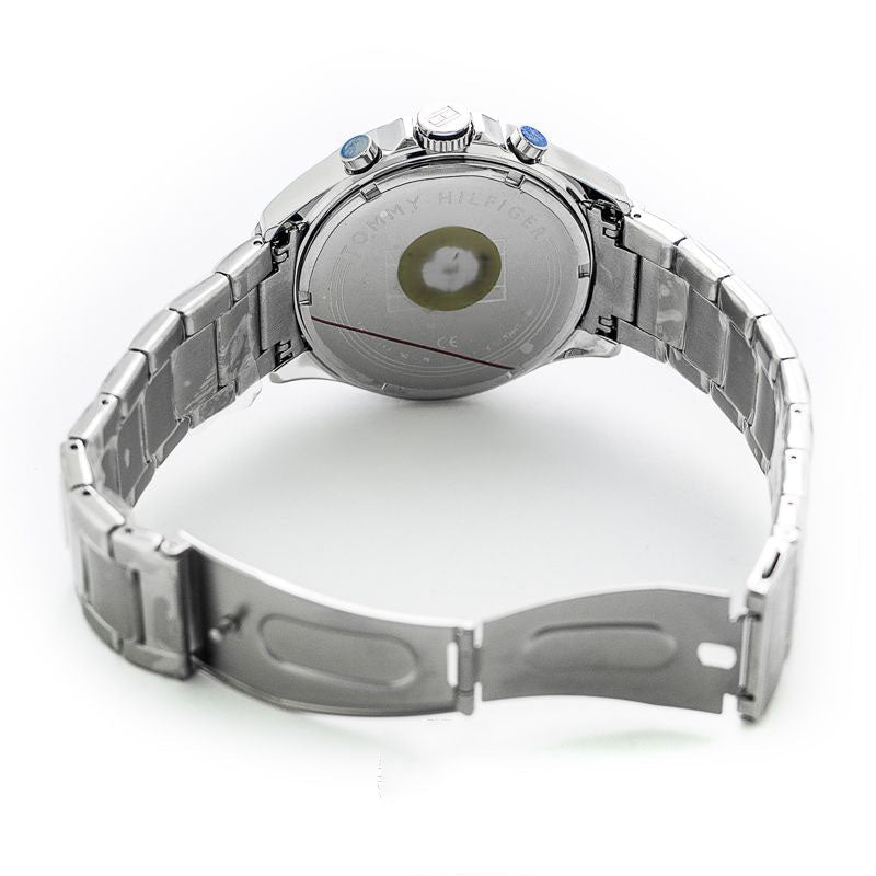 Tommy Hilfiger Hudson watch caseback showing silver stainless steel with branding