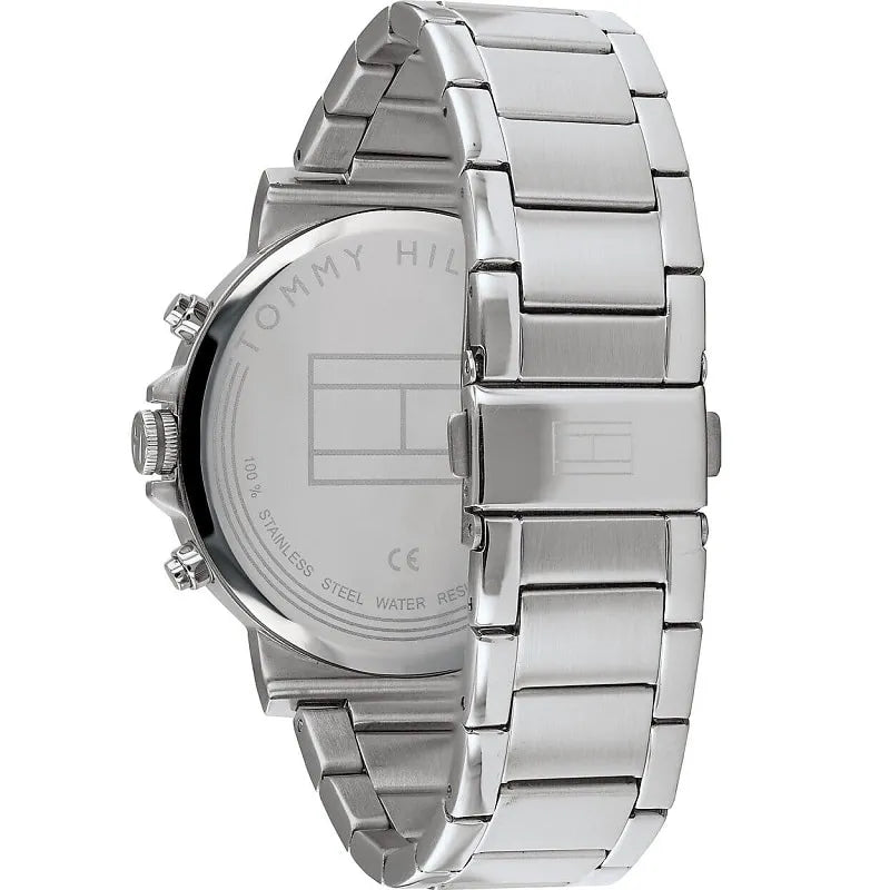 Tommy Hilfiger Hudson chronograph watch side view with silver stainless steel bracelet