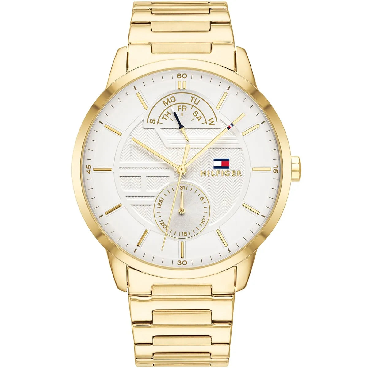 Tommy Hilfiger Hunter men's watch with white dial, gold-tone case and bracelet, multifunction subdials