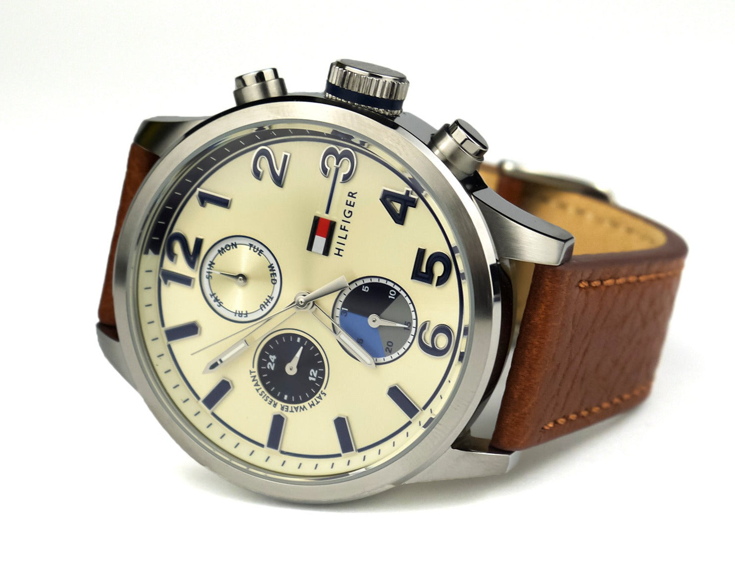 Tommy Hilfiger Jackson chronograph watch with silver dial and brown leather band