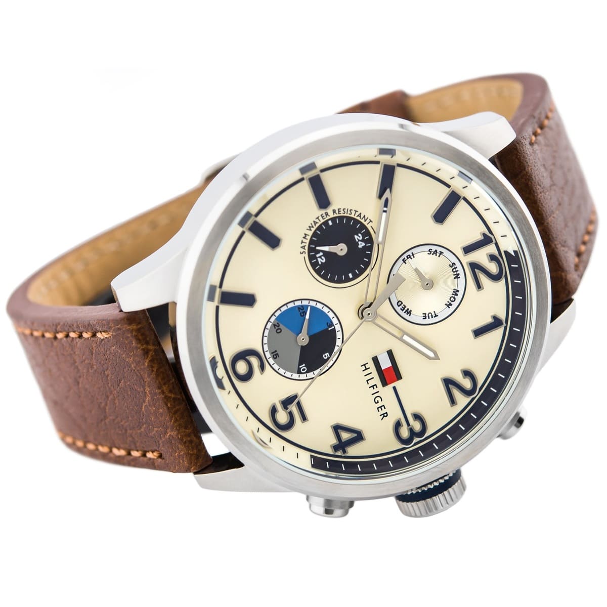 Tommy Hilfiger Jackson men's watch showing multi-function dial and brown leather strap detail