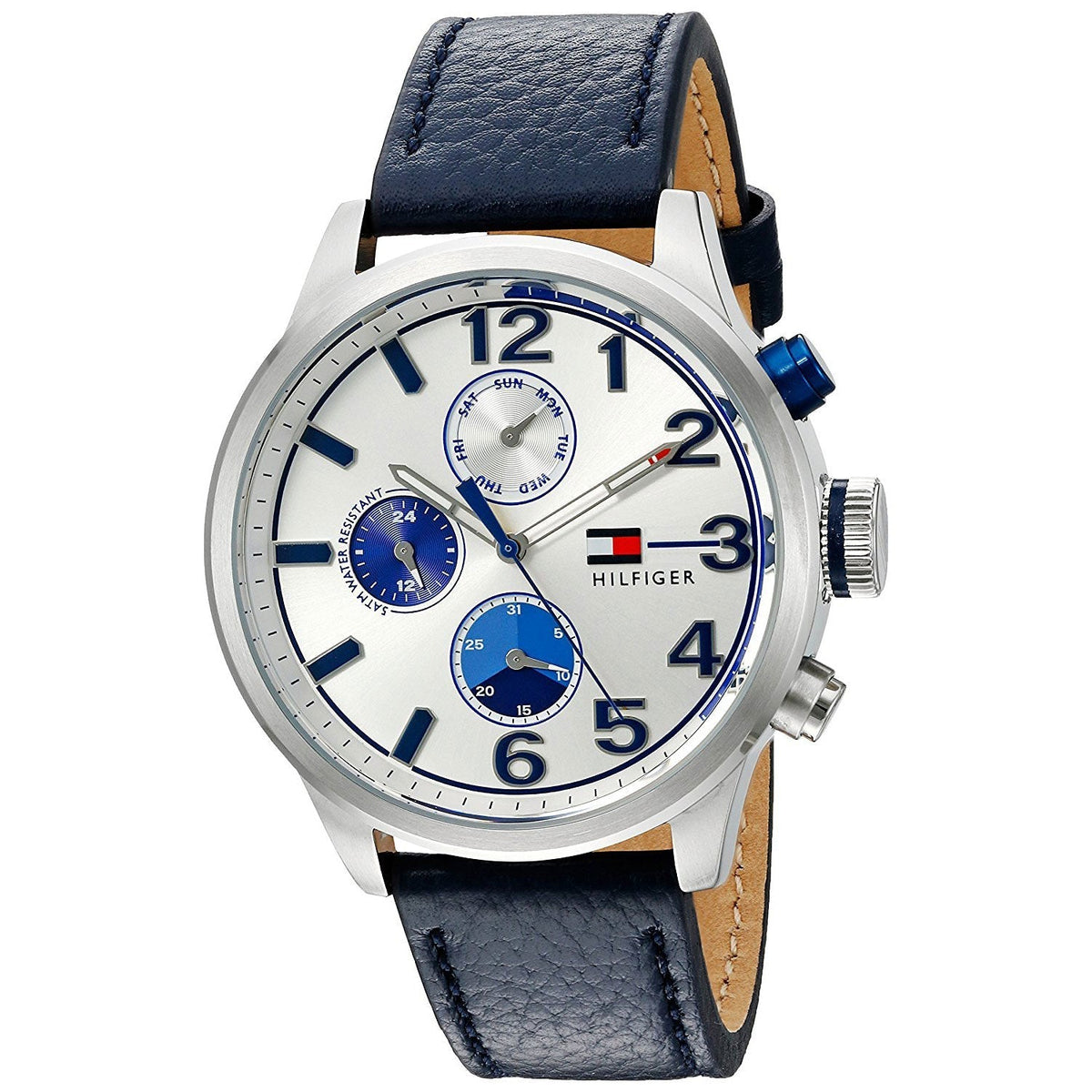 Tommy Hilfiger Jackson chronograph watch with black leather strap angled to show dial and side profile