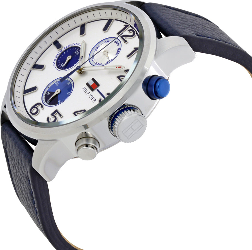 Side view of Tommy Hilfiger Jackson watch showing case profile, chronograph pushers, and leather strap