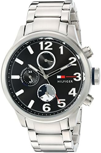 Tommy Hilfiger Jackson watch at angle showing black dial and steel bracelet