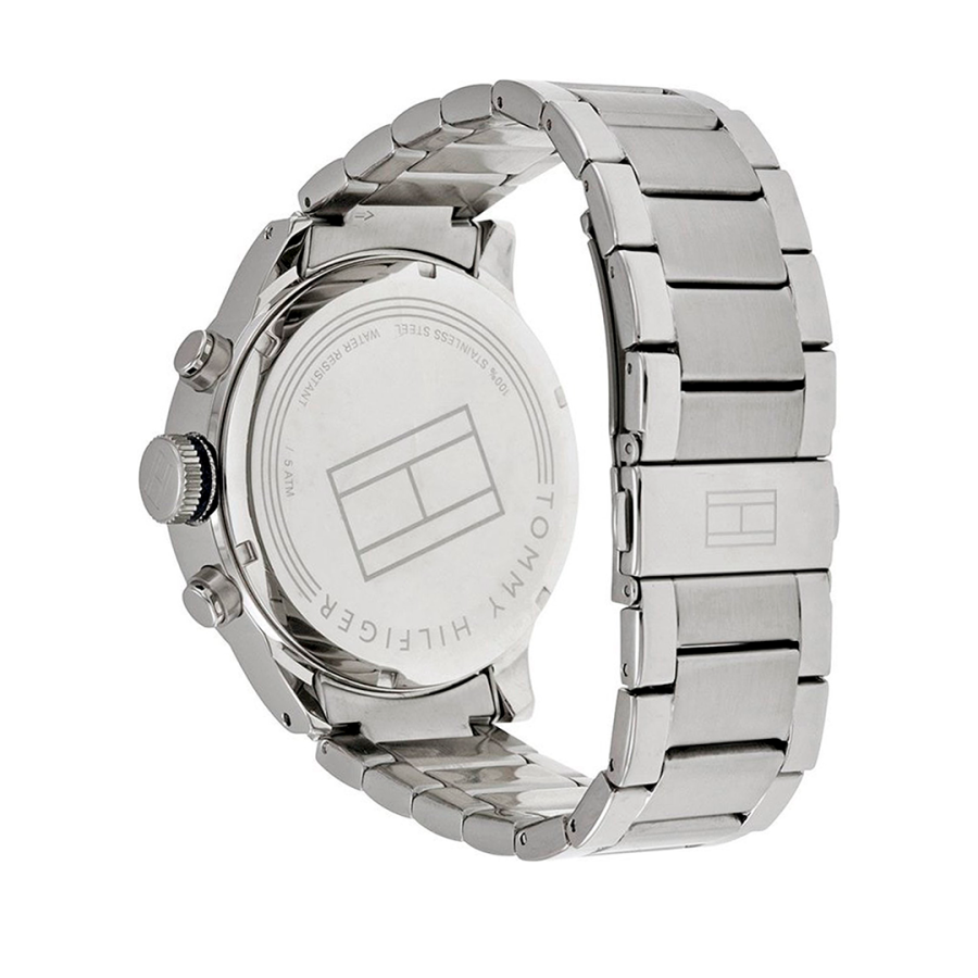 Tommy Hilfiger Jackson watch three-quarter view with steel bracelet and caseback visible