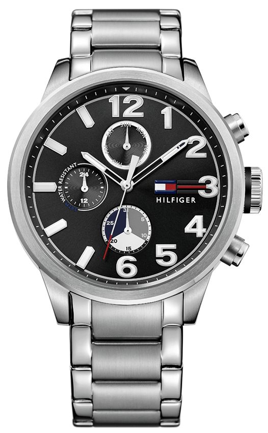 Tommy Hilfiger Jackson men's watch with black dial and chronograph subdials, silver steel bracelet