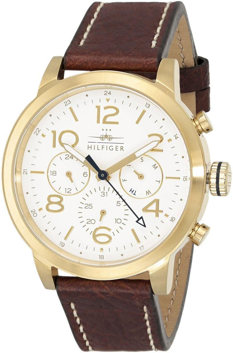 Side angle view of Tommy Hilfiger Jake watch showing brown leather strap and chronograph subdials