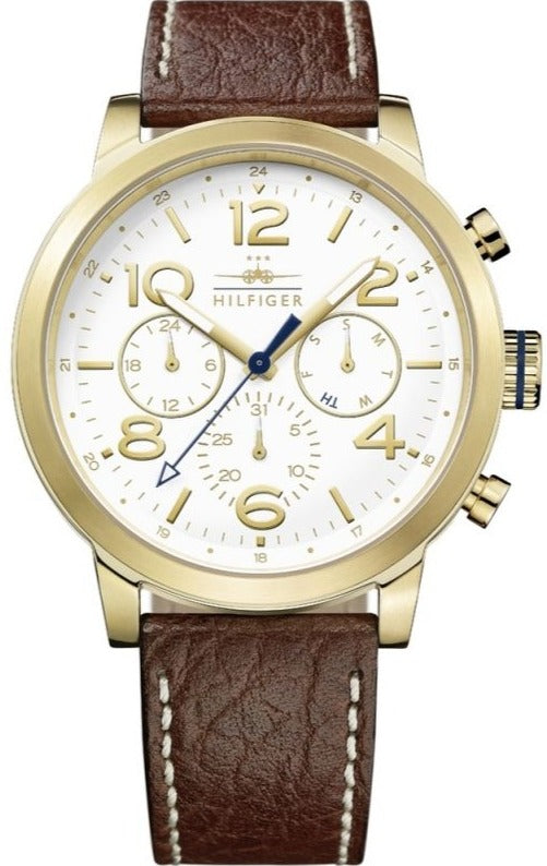 Tommy Hilfiger Jake men's watch with white dial, gold-tone case, and brown leather strap