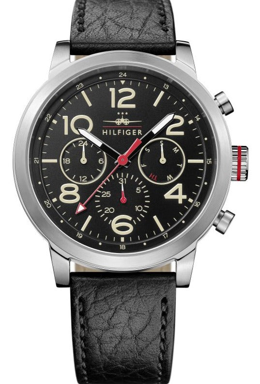 Tommy Hilfiger Jake chronograph watch with black dial and black leather strap