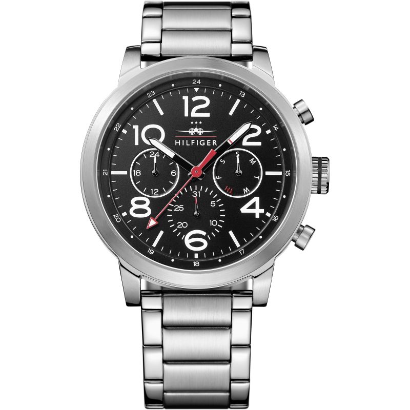 Tommy Hilfiger Jake chronograph watch front and side view with stainless steel case and bracelet
