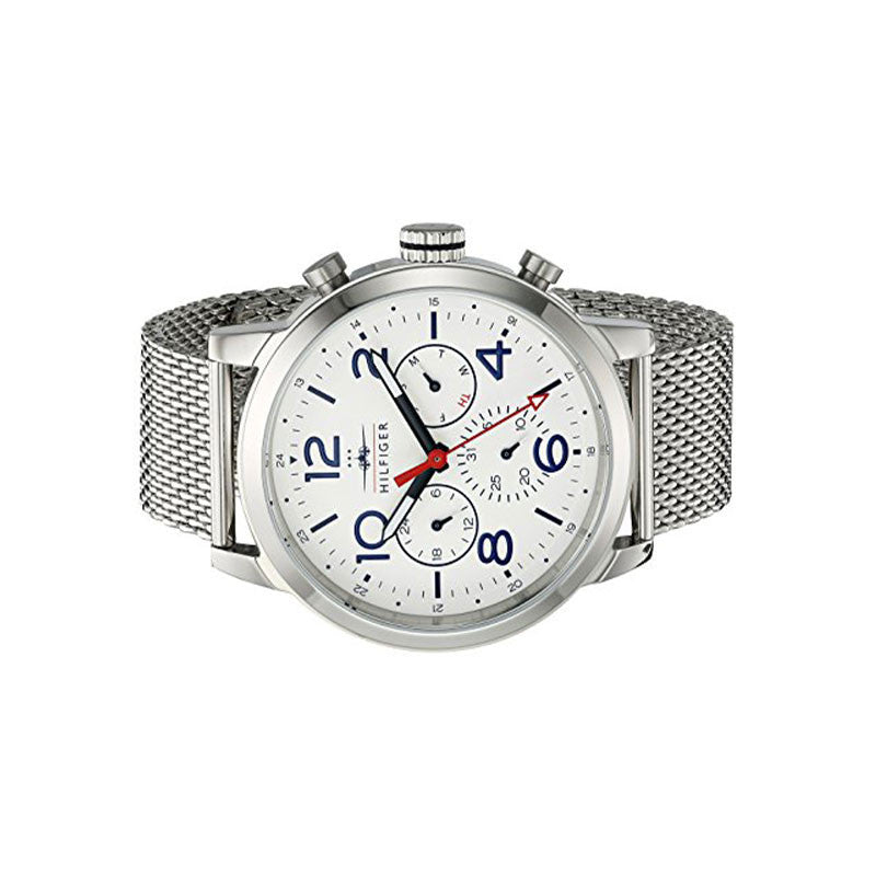 Tommy Hilfiger Jake chronograph watch showing white dial, subdials, and mesh bracelet from angle view