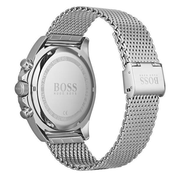 Tommy Hilfiger Jake watch caseback showing stainless steel case and mesh bracelet detail