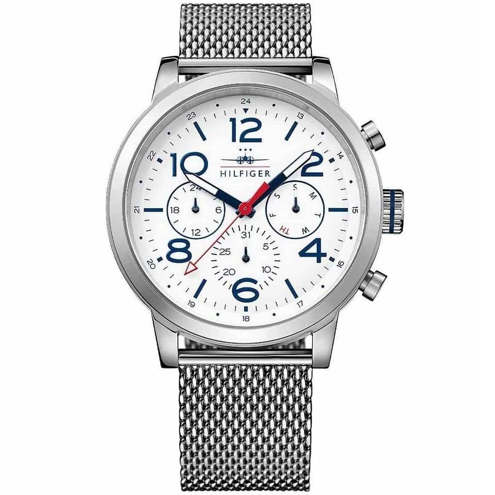 Tommy Hilfiger Jake chronograph men's watch with white dial and steel mesh bracelet