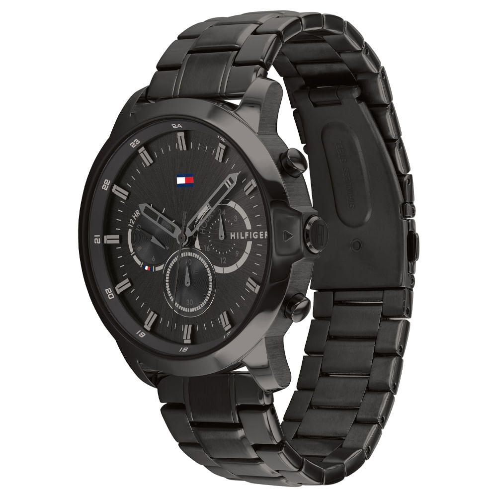 Tommy Hilfiger Jameson watch shown at angle displaying black case, dial, and metal bracelet