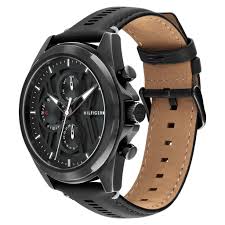 Tommy Hilfiger Jax watch angled view showing black case and mixed leather strap