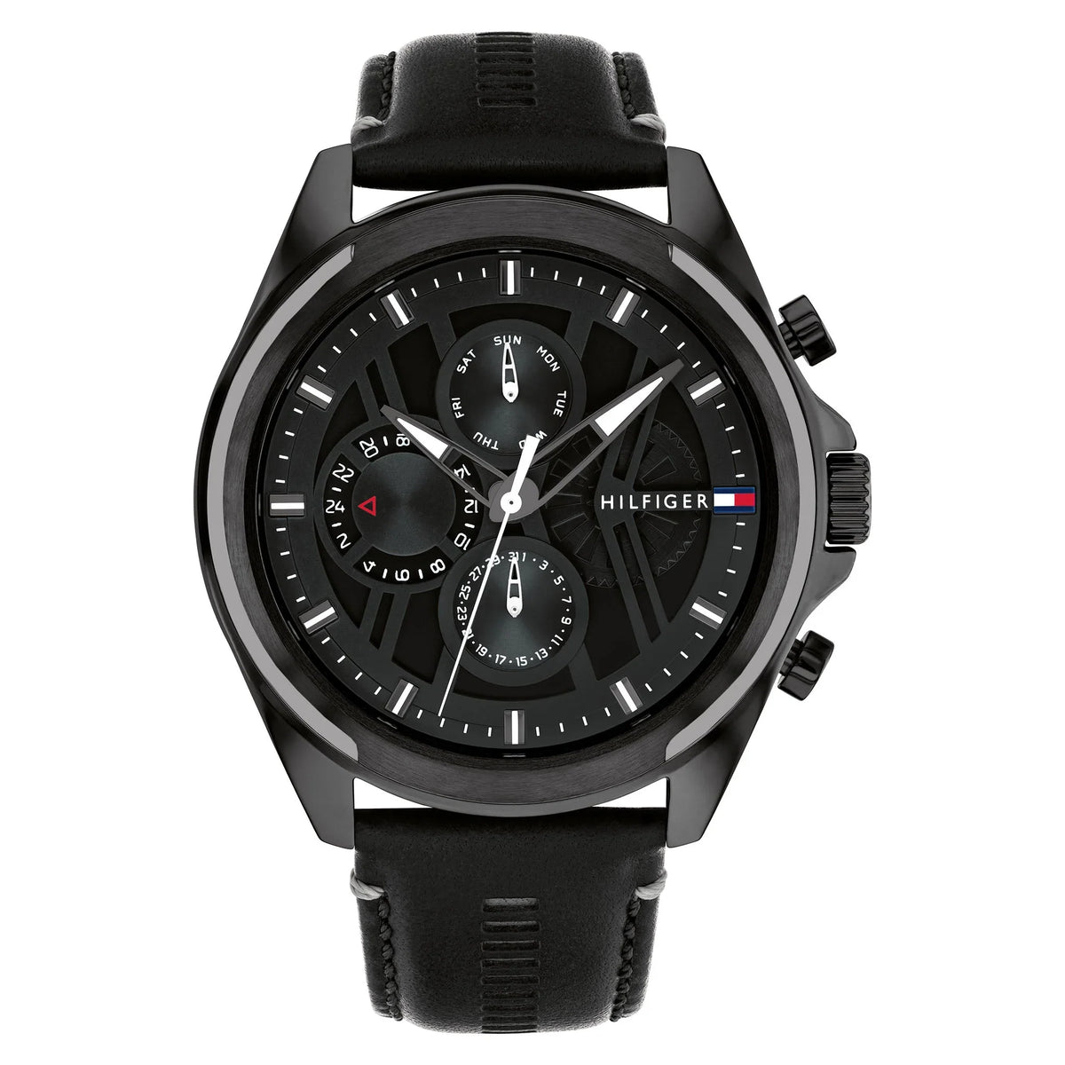 Tommy Hilfiger Jax black chronograph watch with multi-function dial and black leather strap