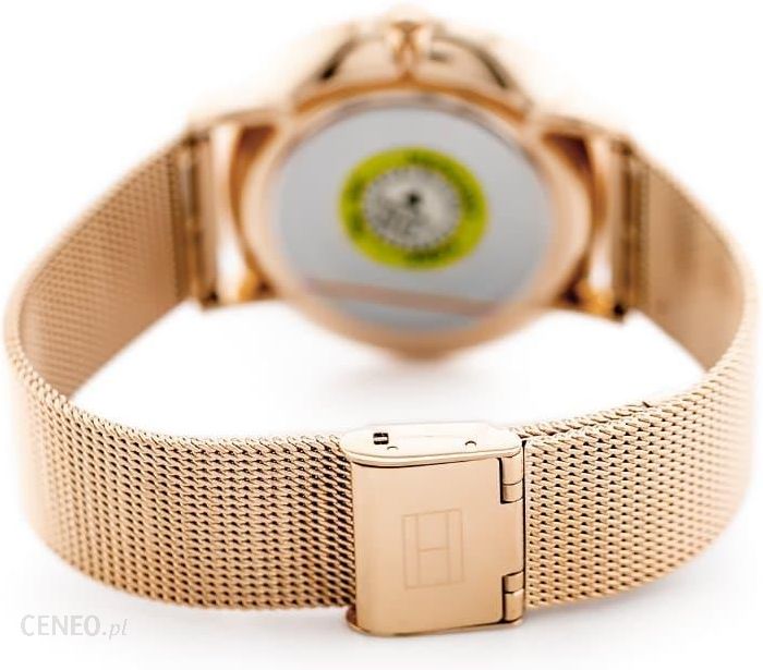 Tommy Hilfiger Jenna watch caseback with rose gold mesh strap and clasp visible