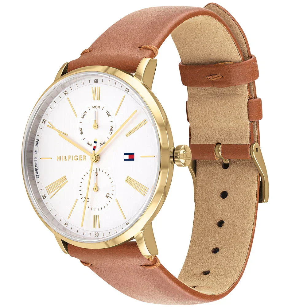 Side angle view of Tommy Hilfiger Jenna watch showing leather strap and case profile