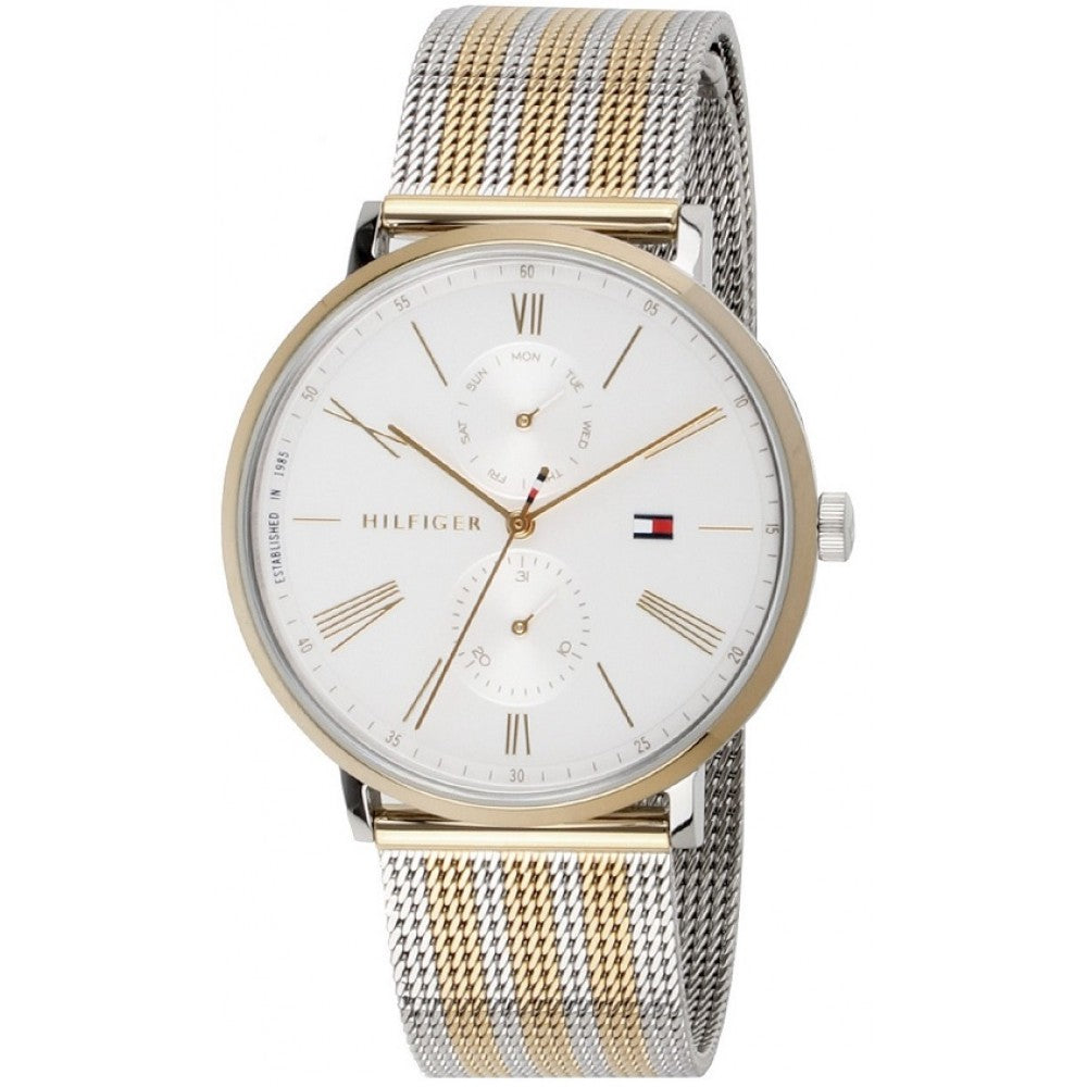 Tommy Hilfiger Jenna watch with white dial and two-tone mesh strap, angled view
