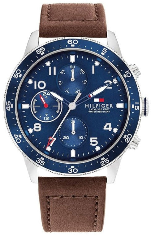 Tommy Hilfiger Jimmy men's chronograph watch with navy blue dial, silver-tone case, and brown leather strap