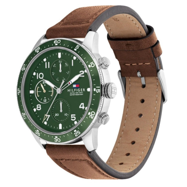 Tommy Hilfiger Jimmy watch angled view showing green chronograph dial and brown leather strap