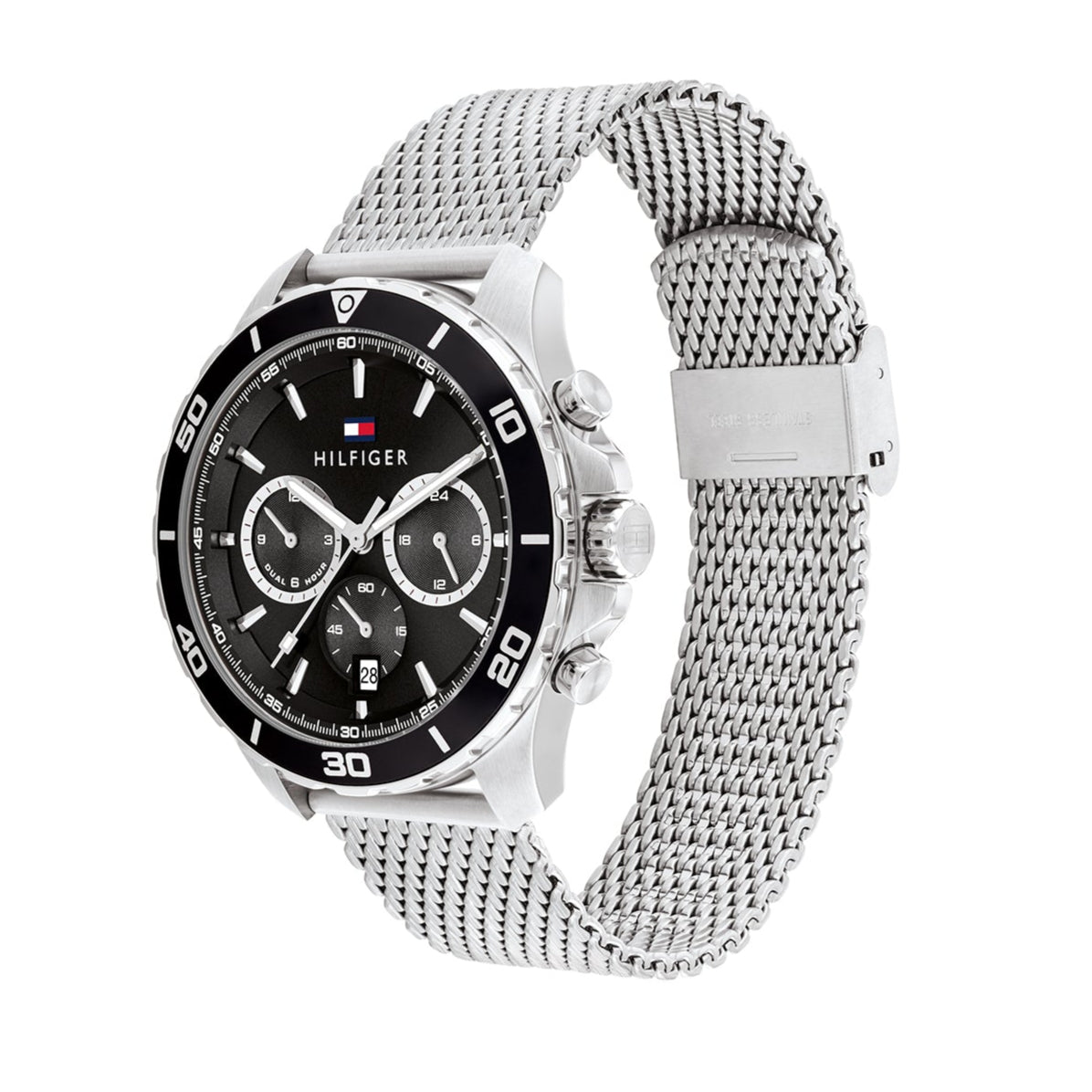 Tommy Hilfiger Jordan watch displayed at angle showing black dial and mesh strap