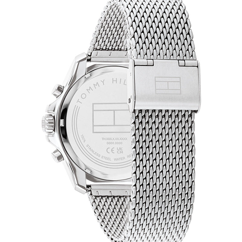 Tommy Hilfiger Jordan watch caseback showing stainless steel case and mesh bracelet