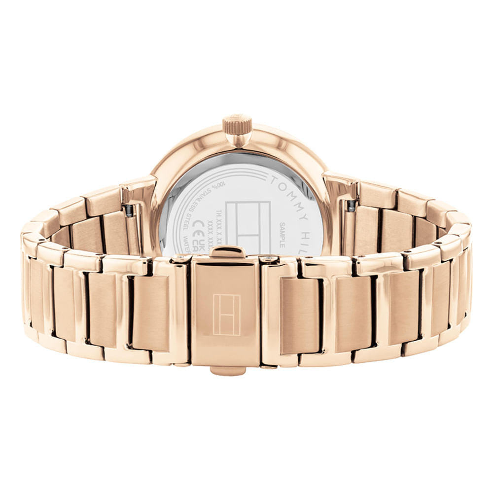 Back view of Tommy Hilfiger Joy watch showing caseback and gold steel strap