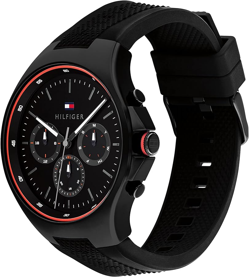 Tommy Hilfiger Justin chronograph watch showing black case and black rubber strap