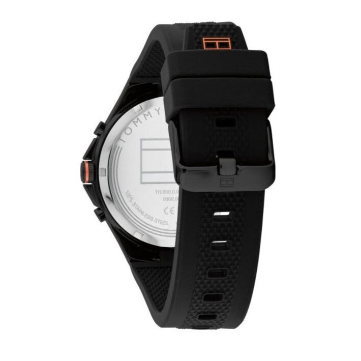 Tommy Hilfiger Justin watch caseback showing stainless steel with red Tommy Hilfiger logo