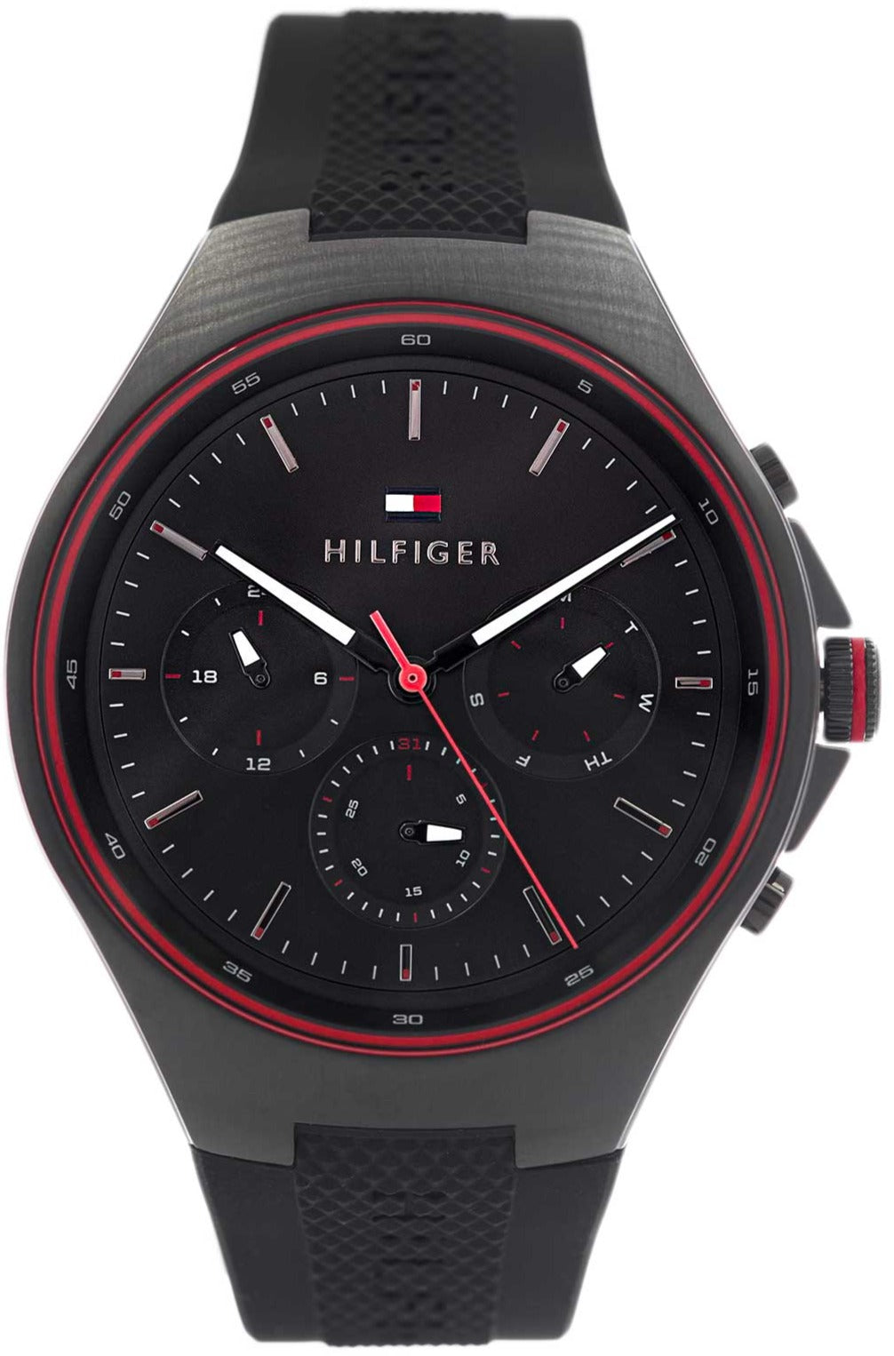 Tommy Hilfiger Justin black men's chronograph watch with black dial and red bezel