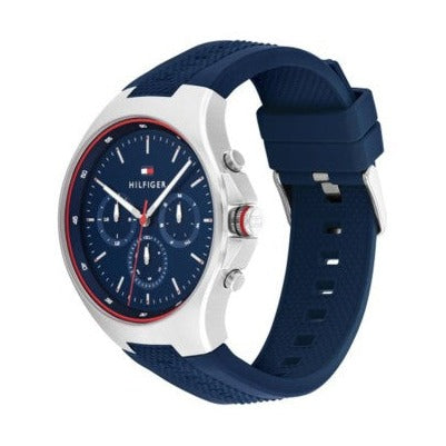 Tommy Hilfiger Justin chronograph watch at angle showing dial and navy strap