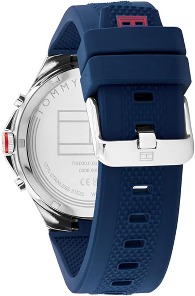 Tommy Hilfiger Justin watch strap and caseback detail with navy rubber band