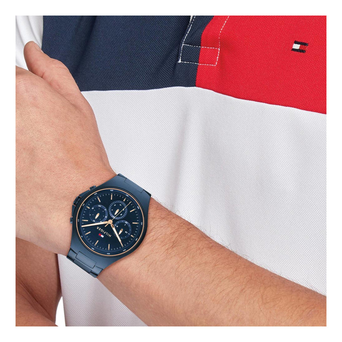 Tommy Hilfiger Justin blue chronograph watch worn on wrist